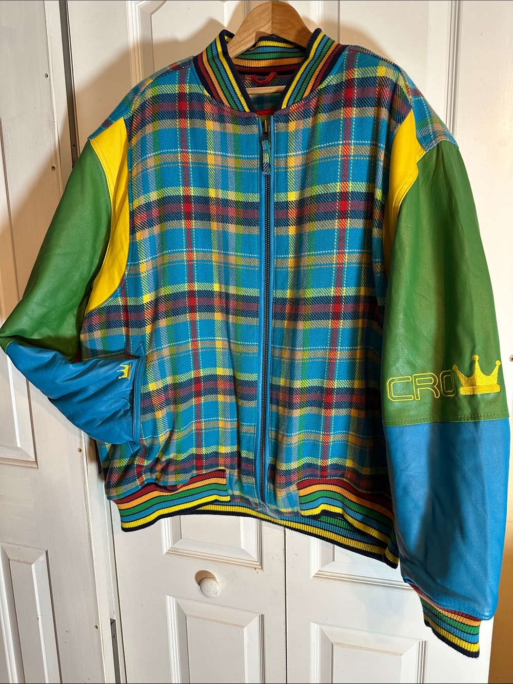 Crown Multicolor Plaid Kids Bomber Jacket with Green & Yellow Sleeves